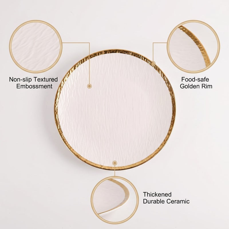 Set Of 2 Gold Rimmed 10 Inch Ceramic White Dinner Plates For Steak And Salad - Image 4