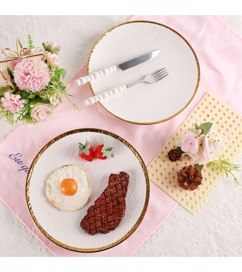 Set Of 2 Gold Rimmed 10 Inch Ceramic White Dinner Plates For Steak And Salad - Image 5