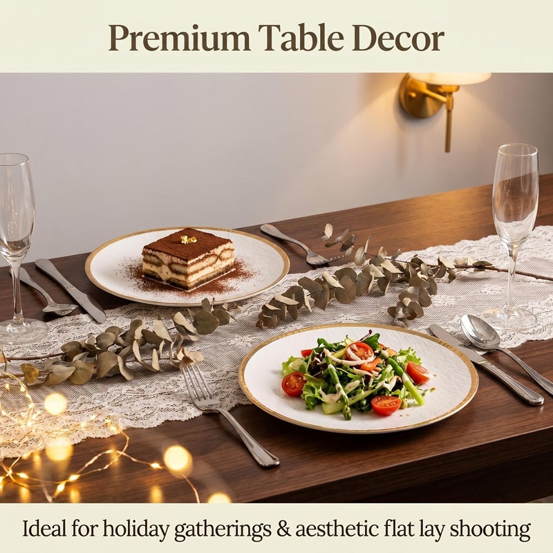 Set Of 2 Gold Rimmed 10 Inch Ceramic White Dinner Plates For Steak And Salad - Image 1