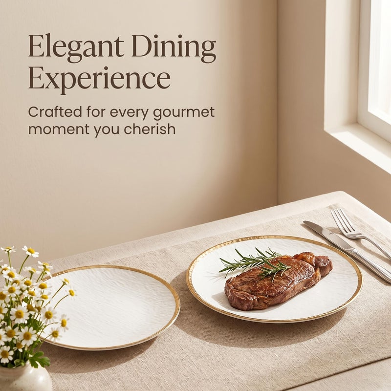 Set Of 2 Gold Rimmed 10 Inch Ceramic White Dinner Plates For Steak And Salad - Image 2