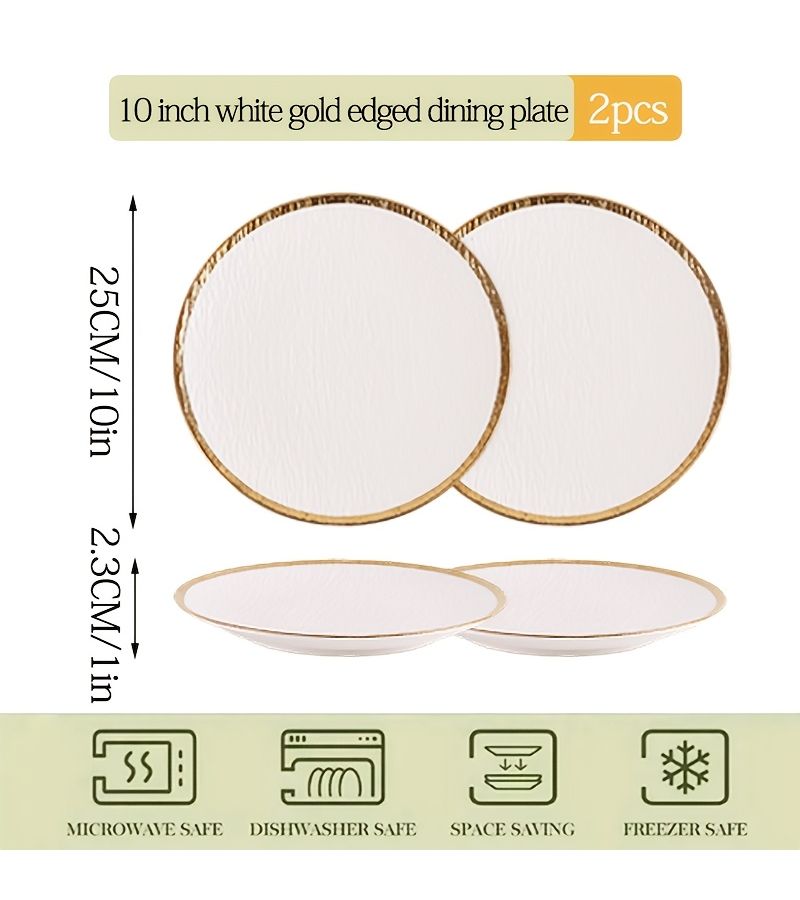 Set Of 2 Gold Rimmed 10 Inch Ceramic White Dinner Plates For Steak And Salad - Image 3
