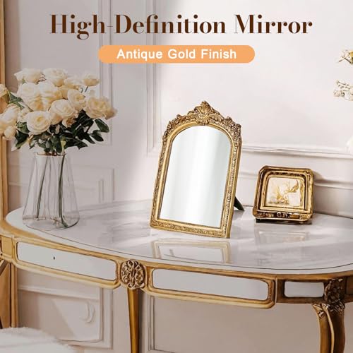 YUSONG Vintage Makeup Desk Mirror - 7" Gold Antique Mirror for Tabletop Resin Frame Decorative Wall Art for Living Room, Bedroom Decor, Vanity Table - Image 3