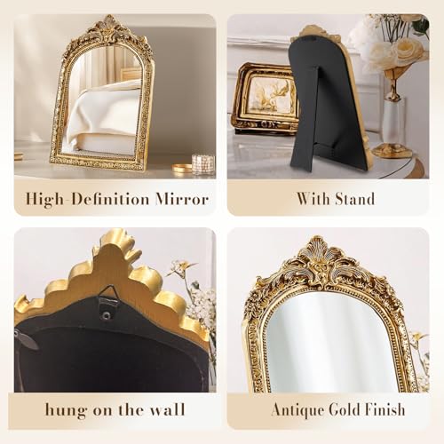YUSONG Vintage Makeup Desk Mirror - 7" Gold Antique Mirror for Tabletop Resin Frame Decorative Wall Art for Living Room, Bedroom Decor, Vanity Table - Image 4