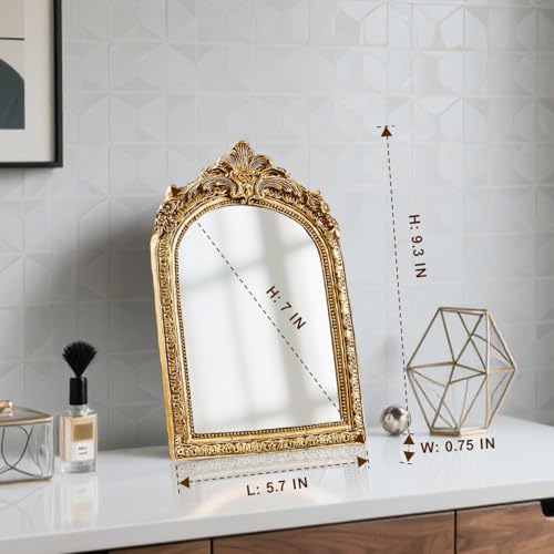 YUSONG Vintage Makeup Desk Mirror - 7" Gold Antique Mirror for Tabletop Resin Frame Decorative Wall Art for Living Room, Bedroom Decor, Vanity Table - Image 2