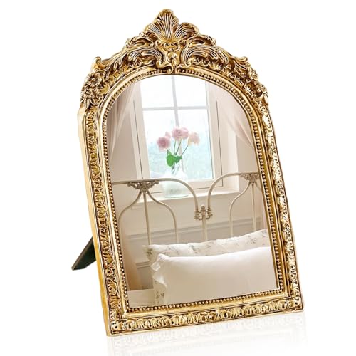 YUSONG Vintage Makeup Desk Mirror - 7" Gold Antique Mirror for Tabletop Resin Frame Decorative Wall Art for Living Room, Bedroom Decor, Vanity Table - Image 1