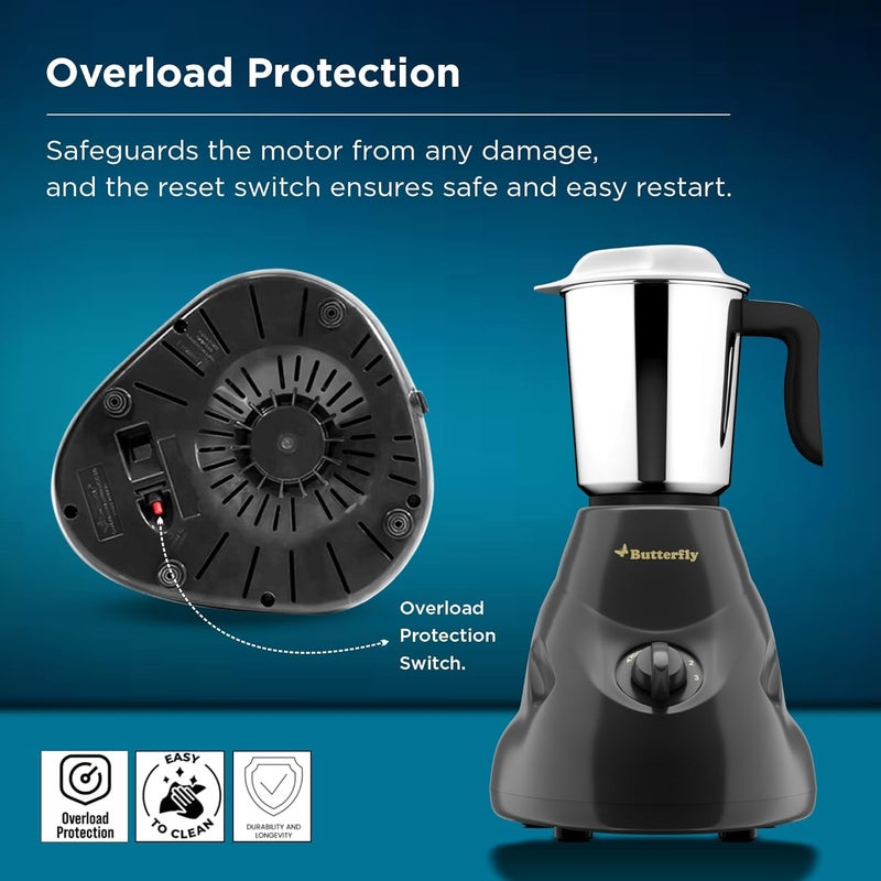 BUTTERFLY خلاط هيرو 500 وات مع 3 أوعية | أوعية متعددة الاستخدامات من الفولاذ المقاوم للصدأ | هيكل من ABS | حماية من زيادة الحمل في المحرك | ضمان المصنع لمدة سنة | رمادي - Image 5
