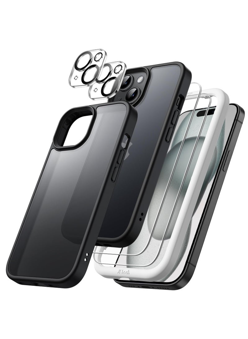 جي تيك حافظة غير لامعة 5 في 1 لهاتف آيفون 15 مقاس 6.1 بوصة مع عبوتين لكل منهما واقي شاشة من الزجاج المقوى وواقي عدسة الكاميرا وغطاء خلفي شفاف مقاوم للصدمات أسود - Image 1