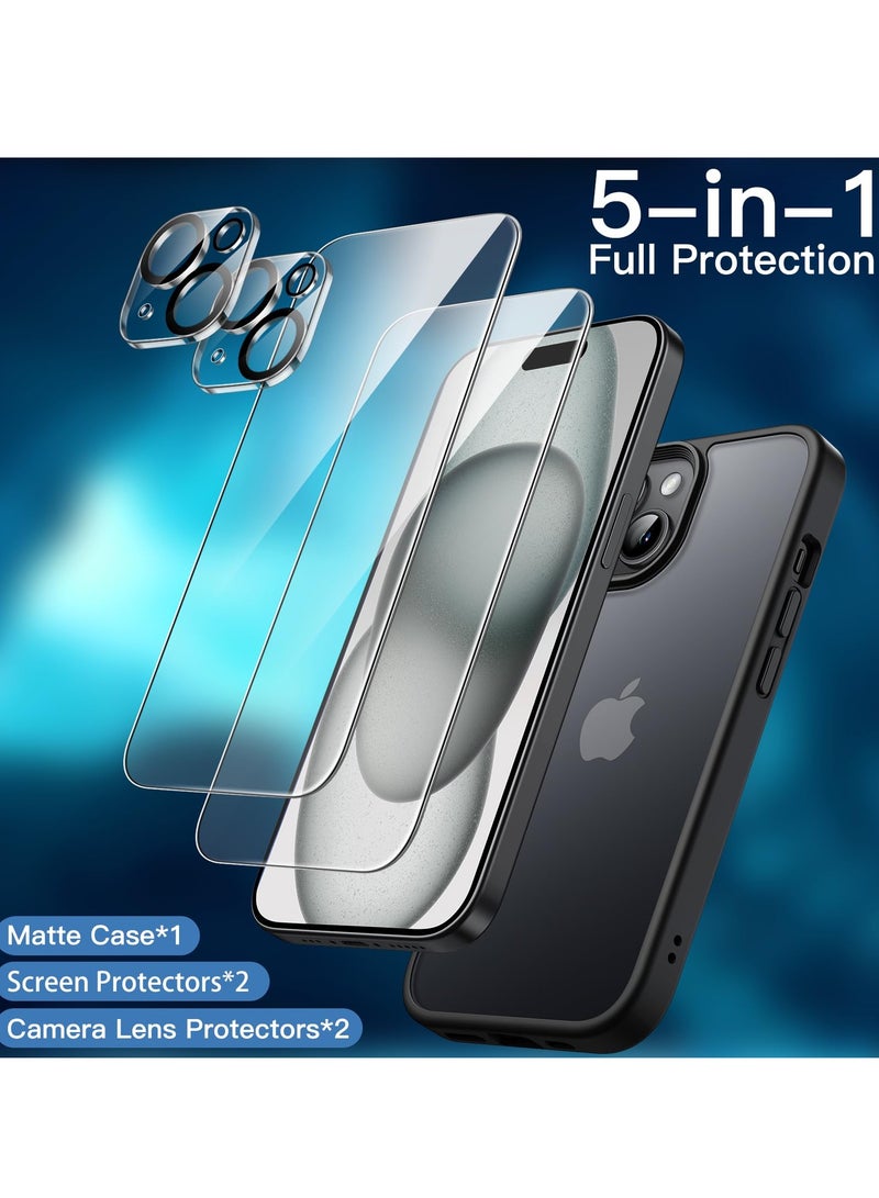 جي تيك حافظة غير لامعة 5 في 1 لهاتف آيفون 15 مقاس 6.1 بوصة مع عبوتين لكل منهما واقي شاشة من الزجاج المقوى وواقي عدسة الكاميرا وغطاء خلفي شفاف مقاوم للصدمات أسود - Image 3