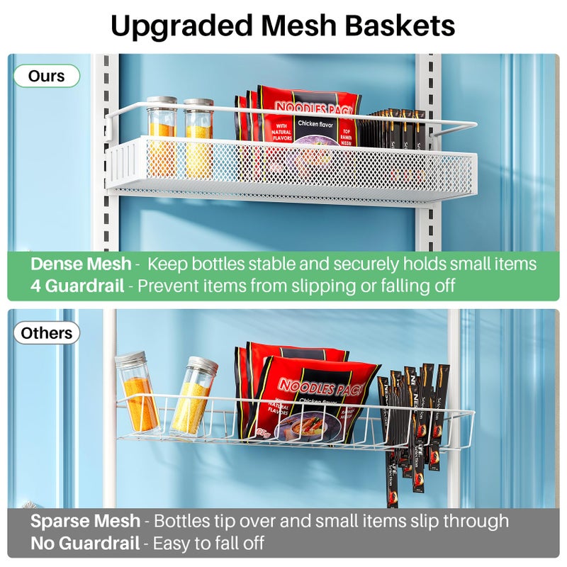SNTD 8 Tiers Over the Door Organizer - Height Adjustable Pantry Organizers and Storage with Dense Mesh Baskets, Anti-Swing Hanging Door Spice Rack for Kitchen Bathroom (White, 17" W x 6" D x 69" H) - Image 4