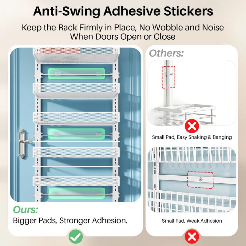 SNTD 8 Tiers Over the Door Organizer - Height Adjustable Pantry Organizers and Storage with Dense Mesh Baskets, Anti-Swing Hanging Door Spice Rack for Kitchen Bathroom (White, 17" W x 6" D x 69" H) - Image 5