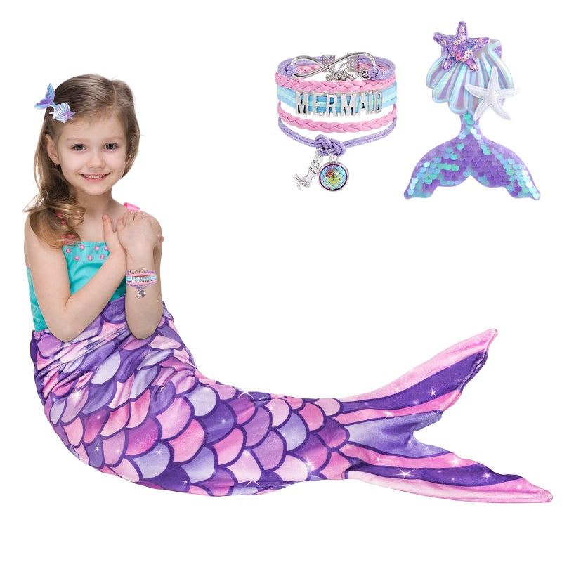 Wernnsai WERNNSAI Mermaid Tail Blanket  Wearable Mermaid Soft Blanket with Hairpin Bracelet Soft Purple Flannel Snuggle Blanket Gift for Girls Birthday Christmas 