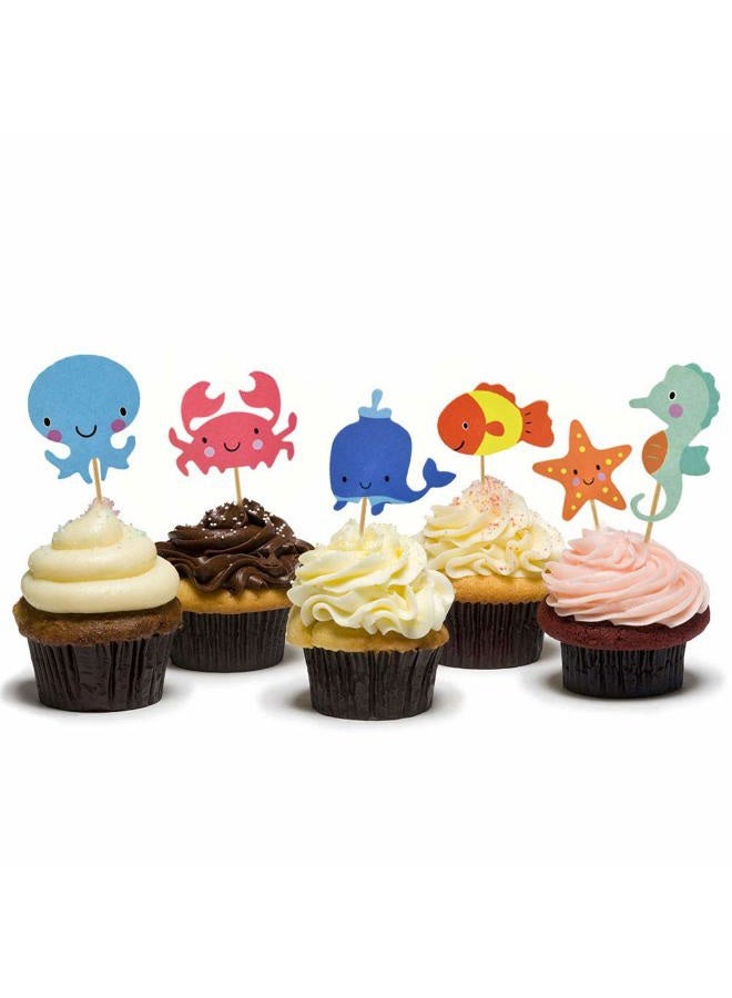 HOKPA Ocean Theme Cupcake Toppers Food Picks Dolphin Seahorse Starfish Fish for for Ocean Nautical Theme Party Baby Shower Kids' Birthday Cake Supplies (48PCS) - Image 1