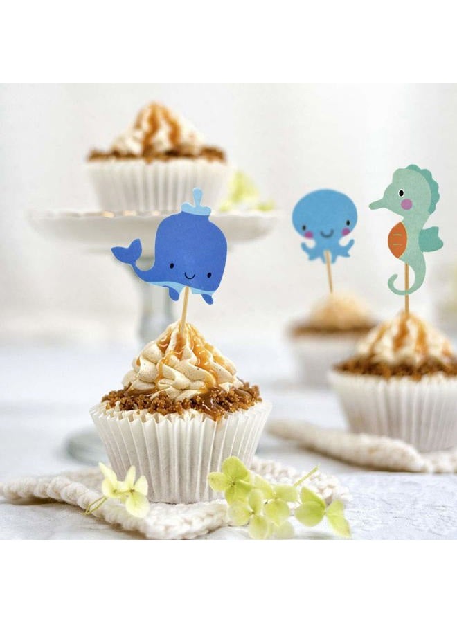 HOKPA Ocean Theme Cupcake Toppers Food Picks Dolphin Seahorse Starfish Fish for for Ocean Nautical Theme Party Baby Shower Kids' Birthday Cake Supplies (48PCS) - Image 5