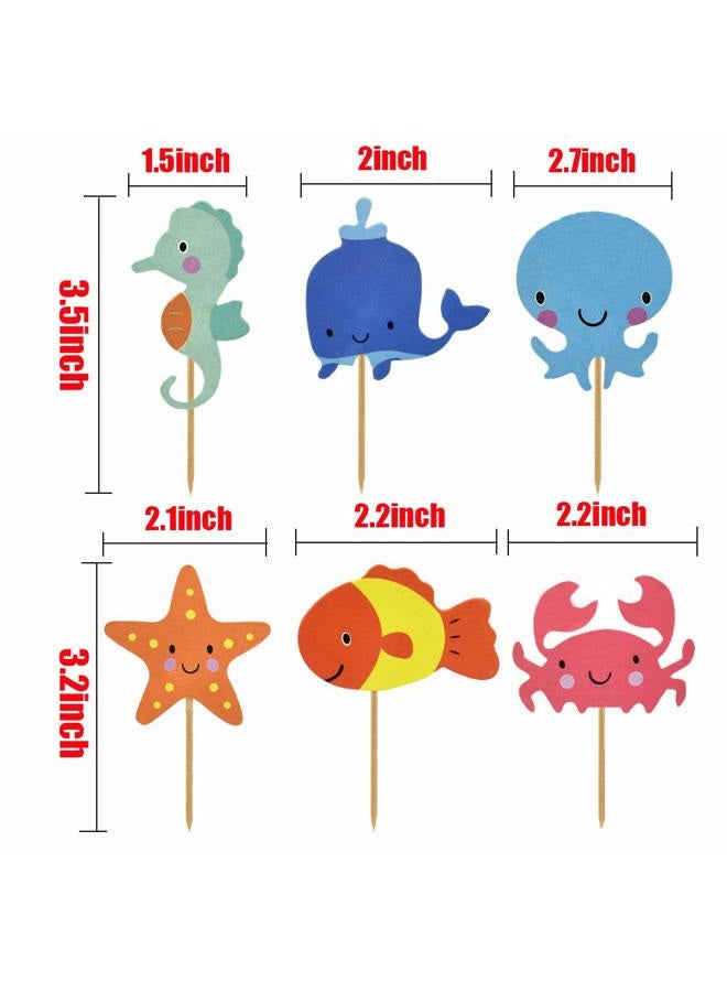 HOKPA Ocean Theme Cupcake Toppers Food Picks Dolphin Seahorse Starfish Fish for for Ocean Nautical Theme Party Baby Shower Kids' Birthday Cake Supplies (48PCS) - Image 3