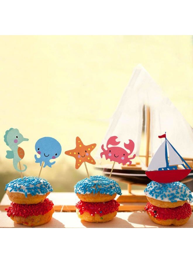 HOKPA Ocean Theme Cupcake Toppers Food Picks Dolphin Seahorse Starfish Fish for for Ocean Nautical Theme Party Baby Shower Kids' Birthday Cake Supplies (48PCS) - Image 2