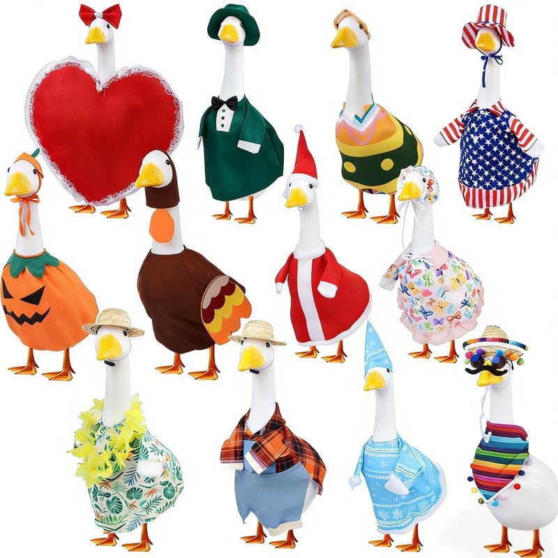 kedaijin 12 Set Holiday Porch Goose Outfits All Seasons Holiday Bundle St. Patrick Easter Summer Hawaiian 4th of July Fall Lawn Goose Clothing Porch Clothes for Patio Yard Lawn Decor - Image 1