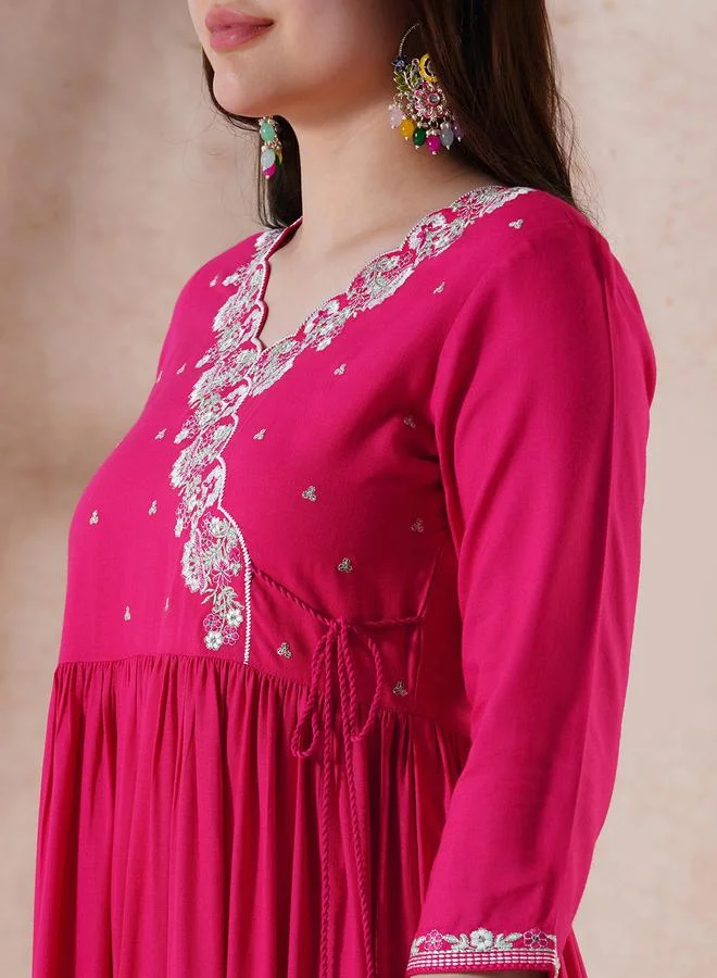 globus Globus Pink Embroidered Scalloped Festive Maxi Dress