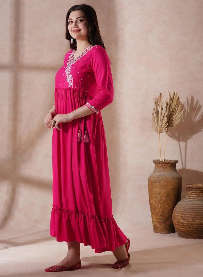 globus Globus Pink Embroidered Scalloped Festive Maxi Dress