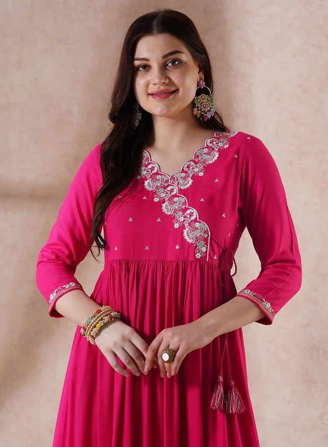 globus Globus Pink Embroidered Scalloped Festive Maxi Dress