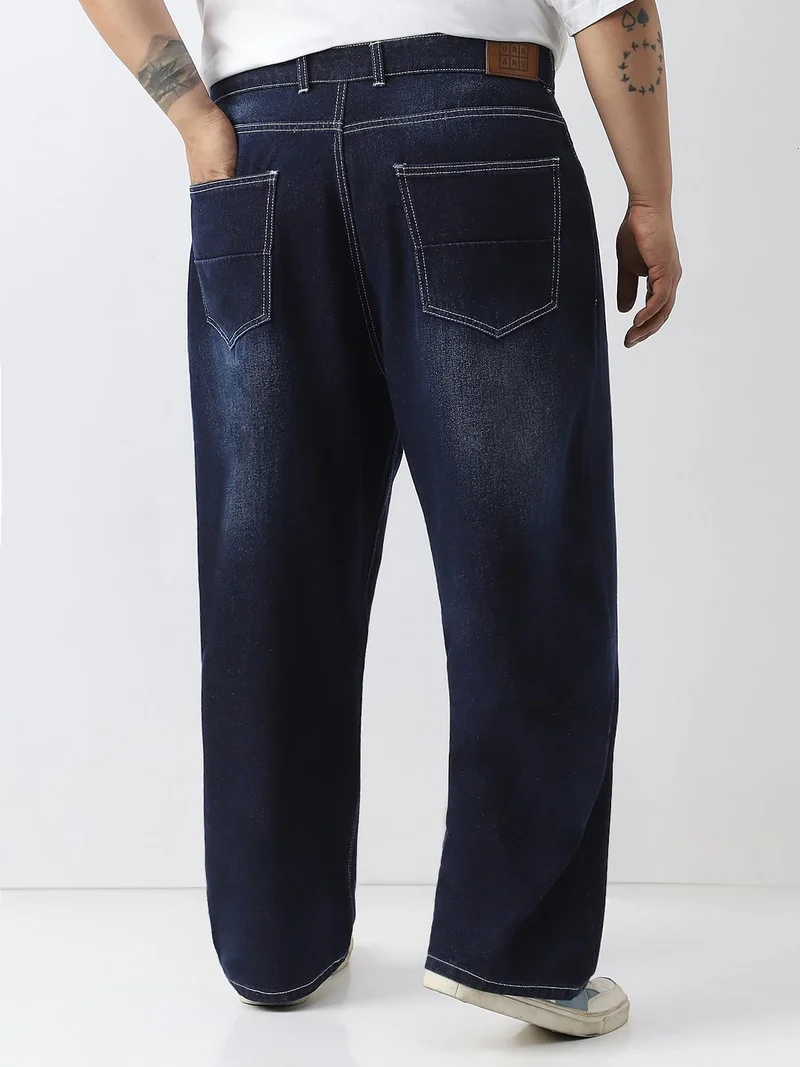 Urbano Fashion  Urbano Plus Men's Dark Blue Loose Baggy Fit Washed Jeans Non-Stretchable  | Best Price UAE
