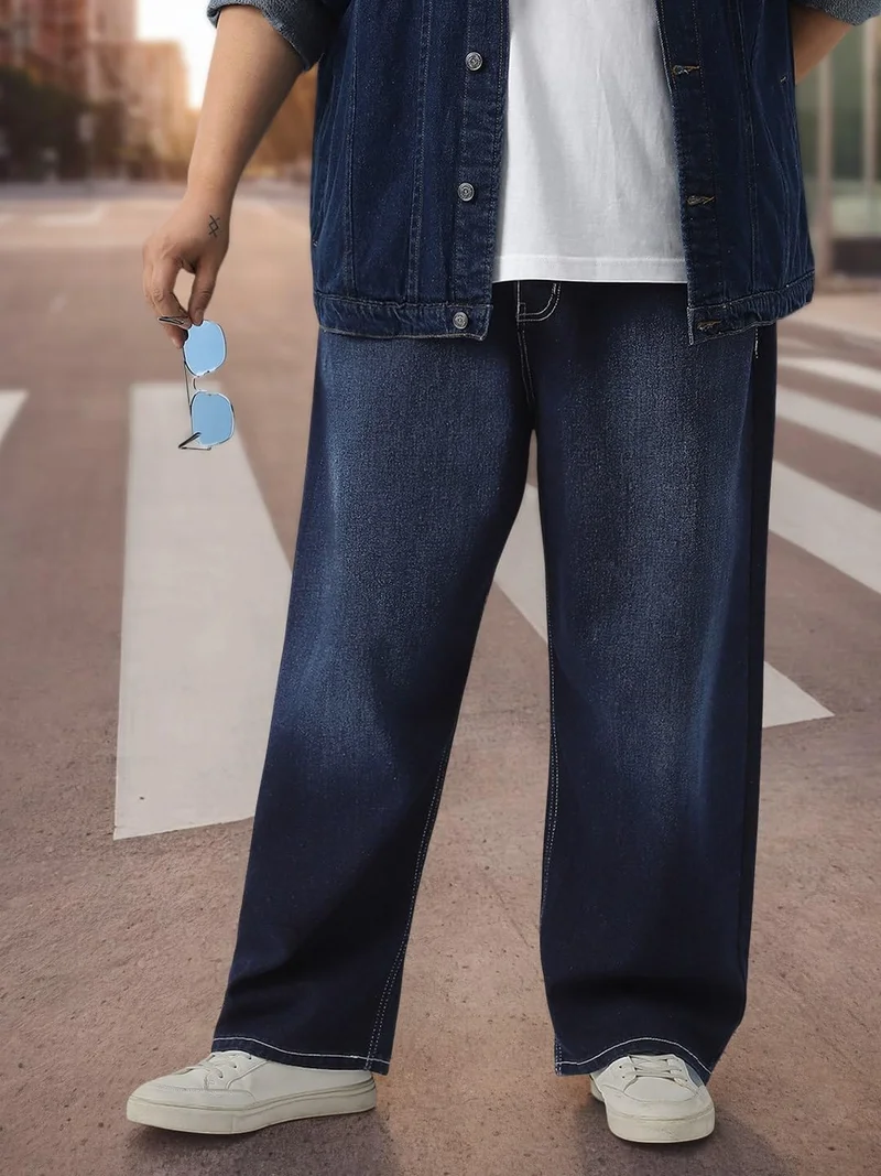 Urbano Plus Men's Dark Blue Loose Baggy Fit Washed Jeans Non-Stretchable