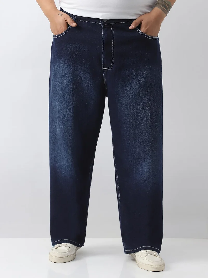 Urbano Fashion  Urbano Plus Men's Dark Blue Loose Baggy Fit Washed Jeans Non-Stretchable  | Best Price UAE