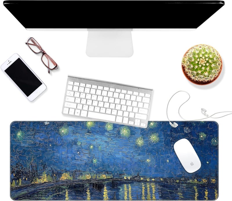 Dynippy Thin Extended Gaming Mouse Pad （31.5 * 11.8 * 0.08 inch） with Stitched Edges Large Mousepad Long XXL Keyboard and Mouse pad Desk Mat for Gaming Office & Home - Starry Night Over The Rhone - Image 3