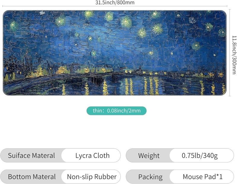 Dynippy Thin Extended Gaming Mouse Pad （31.5 * 11.8 * 0.08 inch） with Stitched Edges Large Mousepad Long XXL Keyboard and Mouse pad Desk Mat for Gaming Office & Home - Starry Night Over The Rhone - Image 2