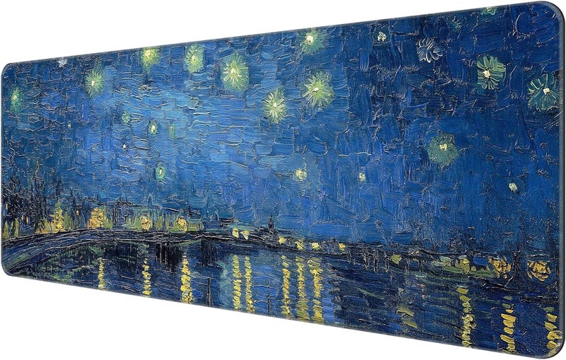 Dynippy Thin Extended Gaming Mouse Pad （31.5 * 11.8 * 0.08 inch） with Stitched Edges Large Mousepad Long XXL Keyboard and Mouse pad Desk Mat for Gaming Office & Home - Starry Night Over The Rhone - Image 1