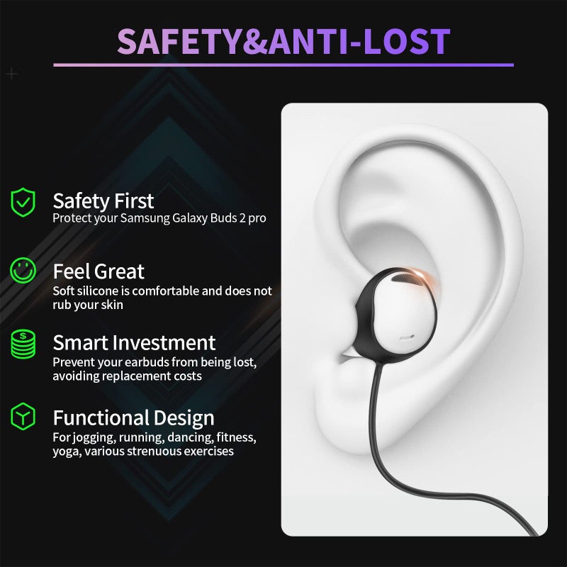 WOFRO Anti-Lost Strap for Galaxy Buds 2 Pro (2022), Sports Soft Silicone Lanyard Accessories Compatible with Samsung Galaxy Buds Pro 2 True Wireless Bluetooth Earbuds Neck Rope (Black), In Ear - Image 2