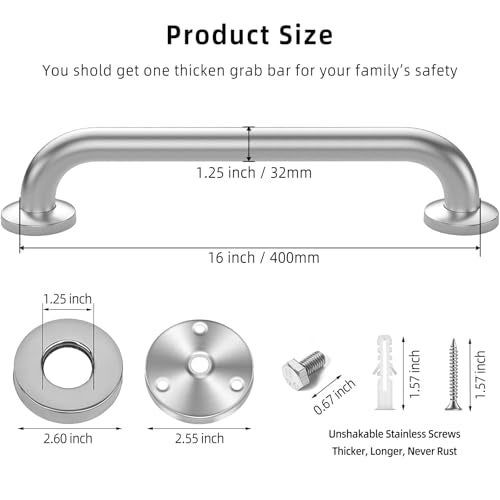 Supwish 2 Pack 16 Inch Grab Bar for Bathtubs and Showers 125 Diameter Bathroom Safety Shower Handles Brushed Nickel with Concealed Screws Wall Mounted Disability Handrail for Handicap Elderly Pregnant - Image 3