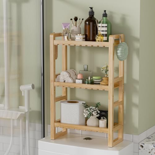 AmazerBath Bamboo Over The Toilet Storage Shelf 3Tier Bathroom Organizers and Storage Shelves 2 in 1 Dual Stable Above Over Toilet Bamboo Shelf Home Storages Rack for Small Bathroom Space Saver - Image 1