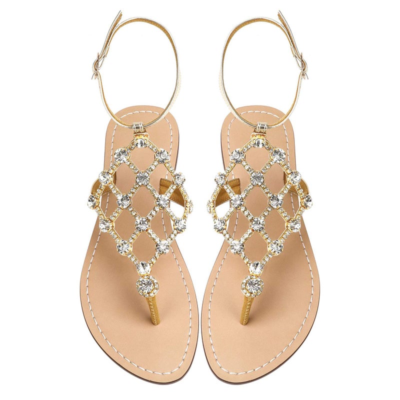 UTIKLIOU Women Rhinestone Sandals TStrap Buckle Sandals Bohemian Crystal Flat Sandals Gold 11
