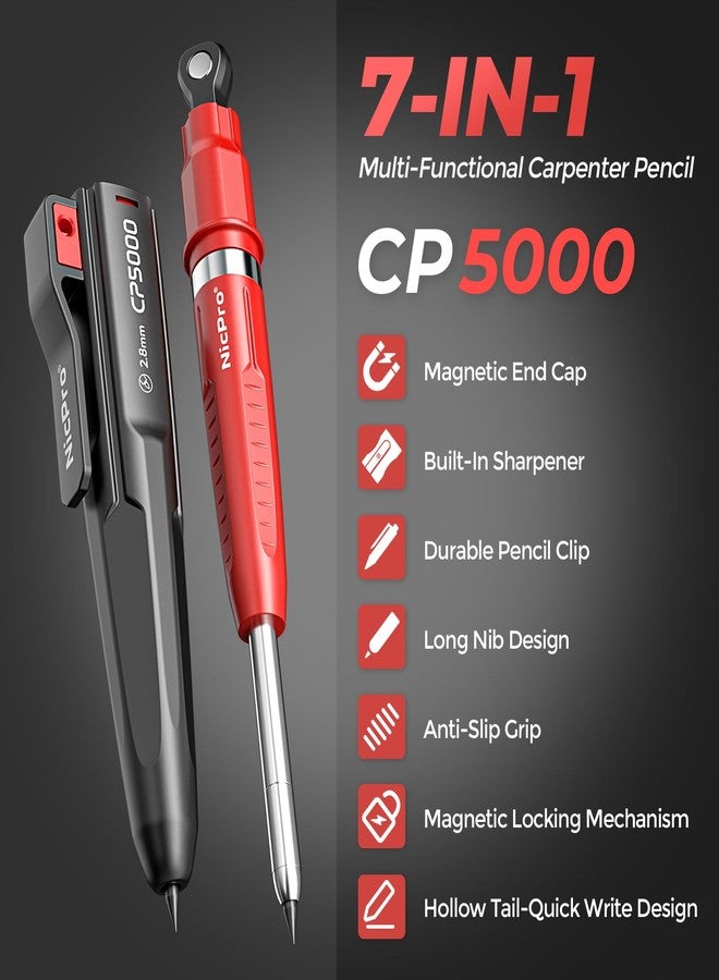 Nicpro 7-in-1 CP5000 Magnetic Carpenter Pencils with Sharpener, Construction Mechanical Pencil+10 Refill, Deep Hole Marker for Construction, Woodworking Pencil, Carpenter Tools for Marking - Image 2