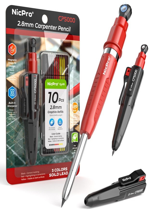 Nicpro 7-in-1 CP5000 Magnetic Carpenter Pencils with Sharpener, Construction Mechanical Pencil+10 Refill, Deep Hole Marker for Construction, Woodworking Pencil, Carpenter Tools for Marking - Image 1