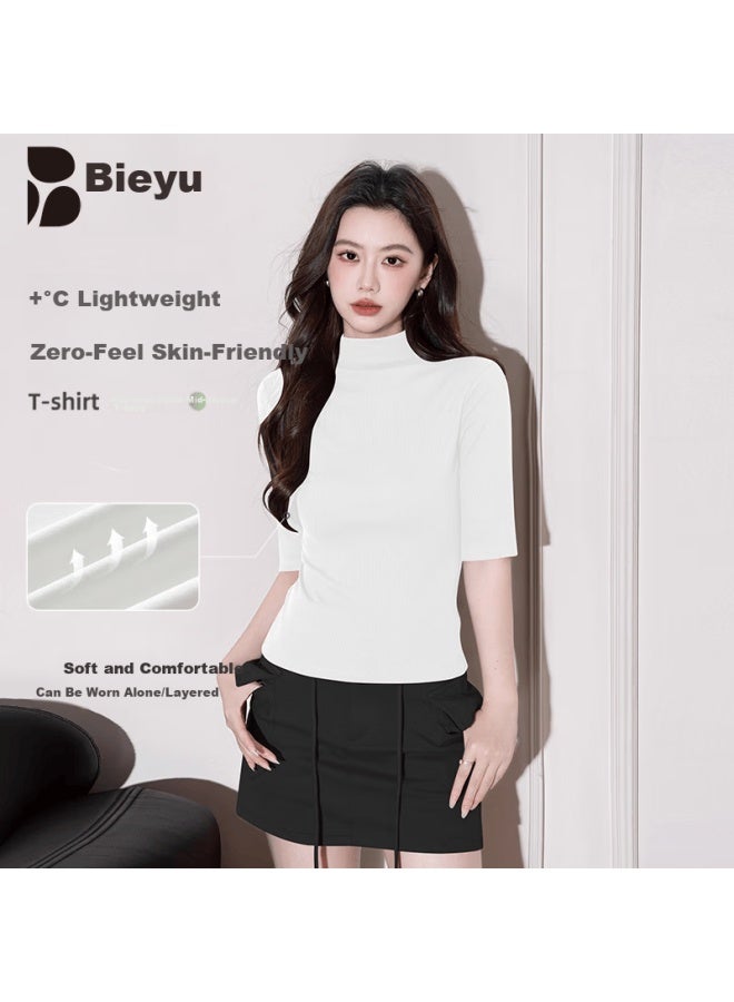 Don't speak Bieyu Women's Half Turtleneck Mid-sleeve T-shirt Early Autumn New Stylish Fitted Five-sleeve Base Shirt White S - Image 1