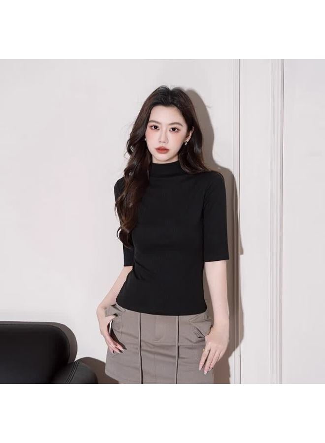 Don't speak Bieyu Women's Half Turtleneck Mid-sleeve T-shirt Early Autumn New Stylish Fitted Five-sleeve Base Shirt White S - Image 3