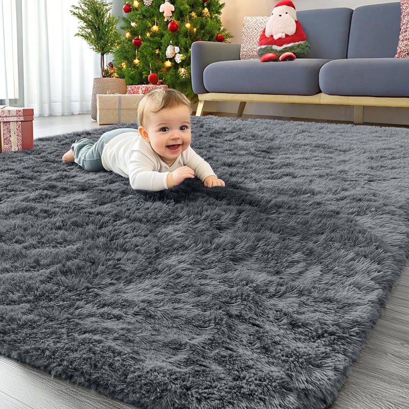 OLANLY Area Rugs for Living Room Bedroom, Machine Washable 4x5.9 ft Soft Fluffy Shaggy Bedside Rug, Indoor Floor Carpet for Kids Girls and Boys, Dorms, Nursery Rooms, Home Decor Aesthetic, Grey - Image 1