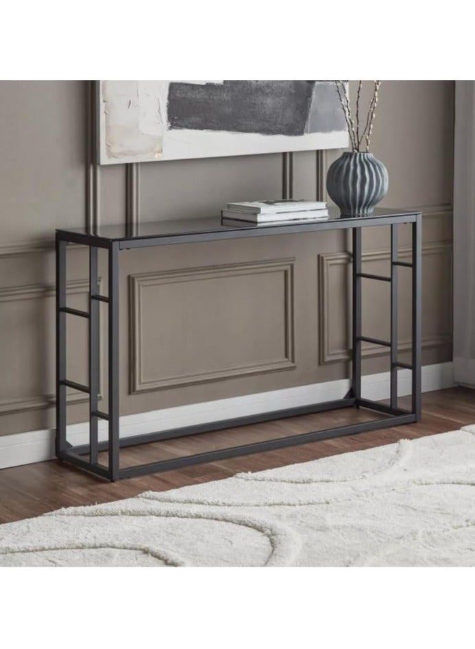 LINGWEI Luxury Console Table Pre Assembled Entrance Table Glass Display Shelf Metal Frame with Black Glass Accent Table for Living Room Hallway Dressing Table End Table - Image 1