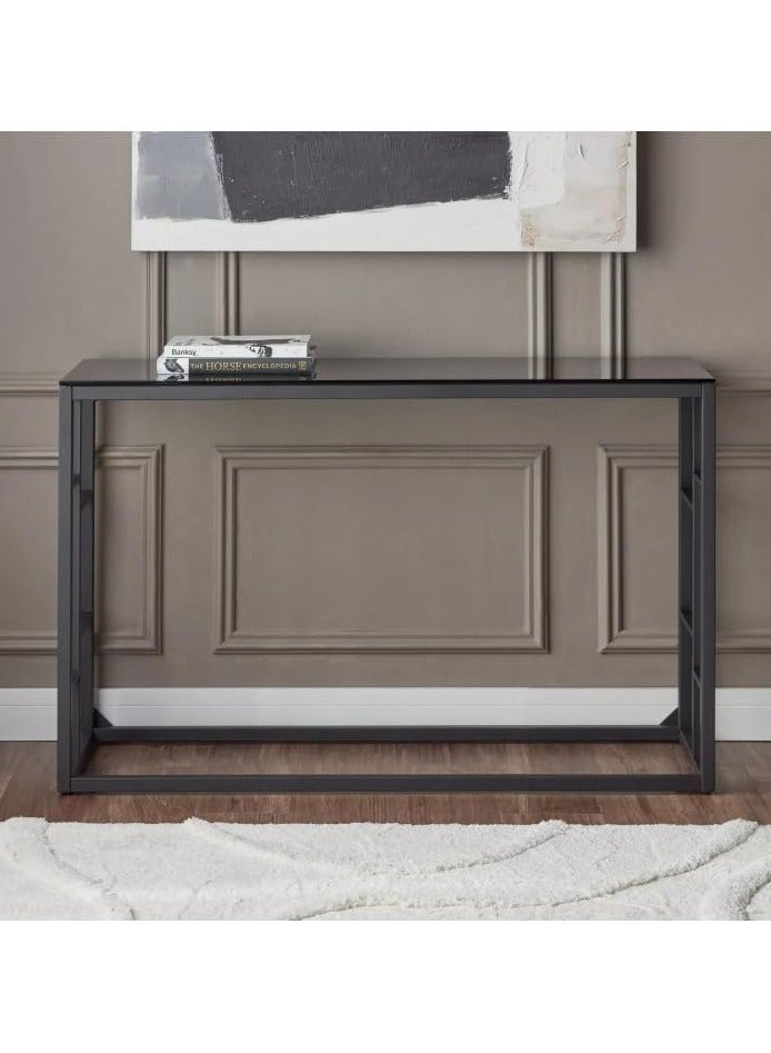 LINGWEI Luxury Console Table Pre Assembled Entrance Table Glass Display Shelf Metal Frame with Black Glass Accent Table for Living Room Hallway Dressing Table End Table - Image 4