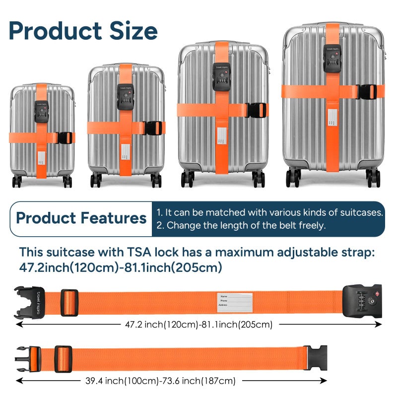 travel inspira Travel Inspira Travel Belt for Luggage, TSA Approved Luggage Straps, Suitcase Straps TSA Approved, 3-Dial Combination Locks Adjustable Suitcase Belt, Quick-Release Buckle (Orange)  - Image 4