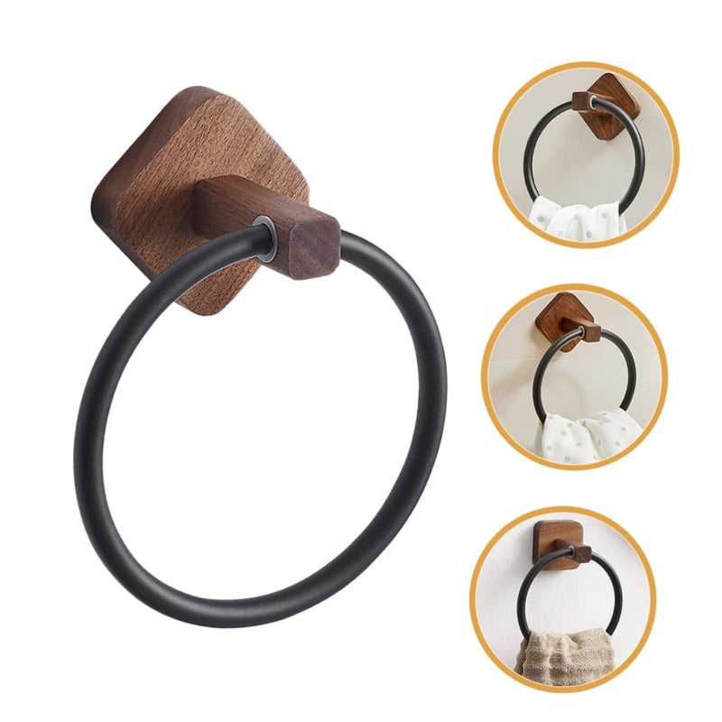 Walnut Wood Wall Mounted No Drill Towel Holder Bathroom Hand Towel Ring Home Decor - Image 5
