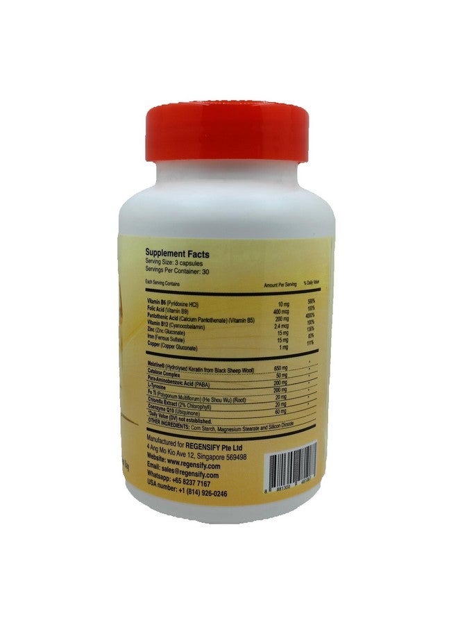 REGENSIFY Hair Melanin Booster Nutrition [Anti Grey Hair Supplement for Men & Women | Melatine®, Catalase, PABA, L-Tyrosine, He Shou Wu, Chlorella Extract, CoQ10, Folic Acid, Pantothenic Acid] - Image 3