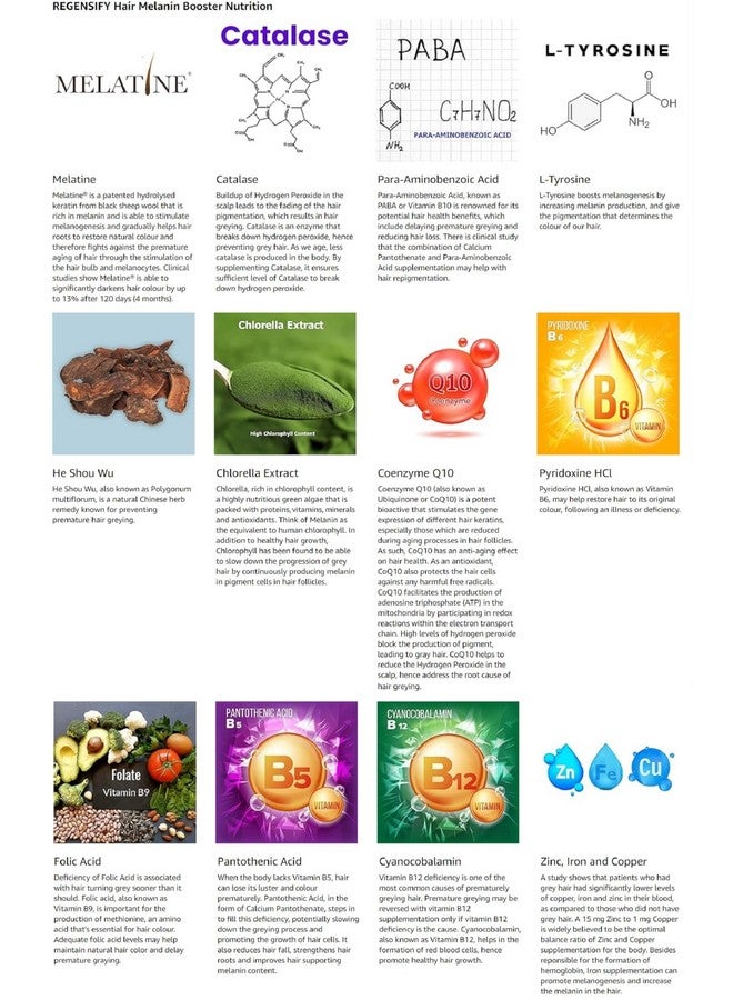 REGENSIFY Hair Melanin Booster Nutrition [Anti Grey Hair Supplement for Men & Women | Melatine®, Catalase, PABA, L-Tyrosine, He Shou Wu, Chlorella Extract, CoQ10, Folic Acid, Pantothenic Acid] - Image 4