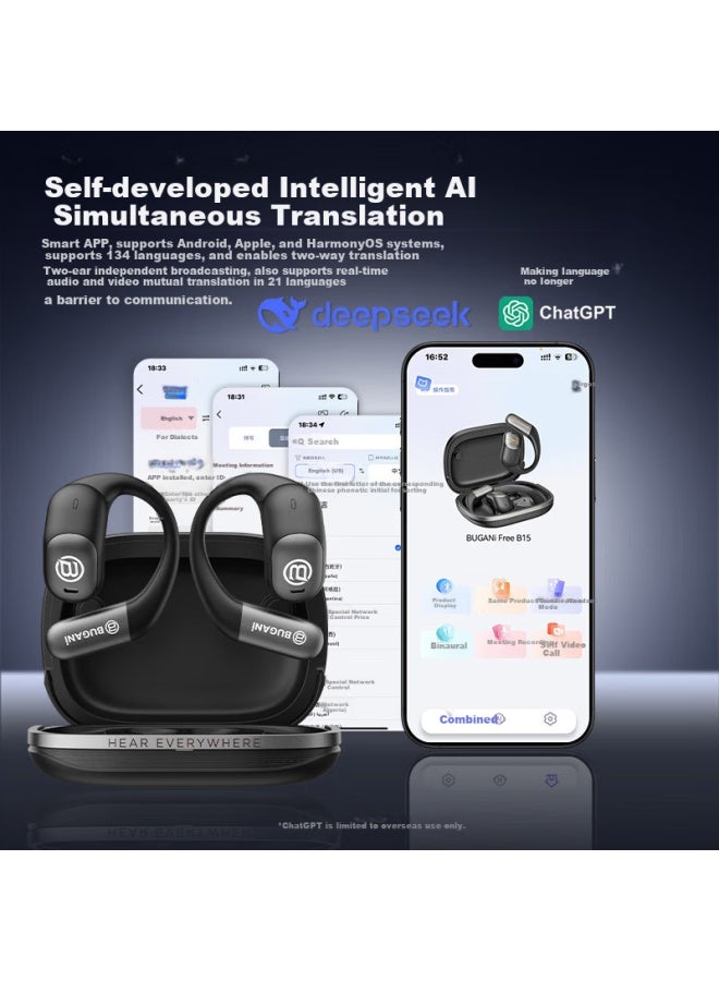 Bugani Free B15 Bluetooth Earphones Ear-hook Ai Smart Real-time Translation True Wireless Open Bone Conduction Concept Non-in-ear Sports Running Long Battery Life White