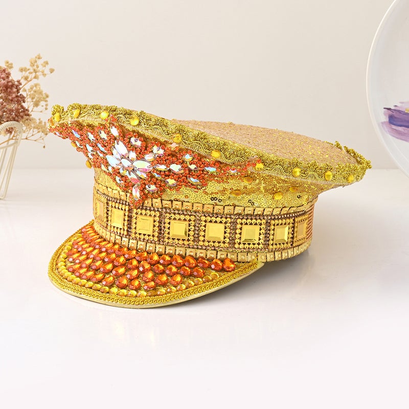 Men'S And Women'S Hats With Diamond-Shaped Flower Rhinestone Inlay, Square Gemstone Pearl Festival Hats For Ballroom Performances In Style - Image 1
