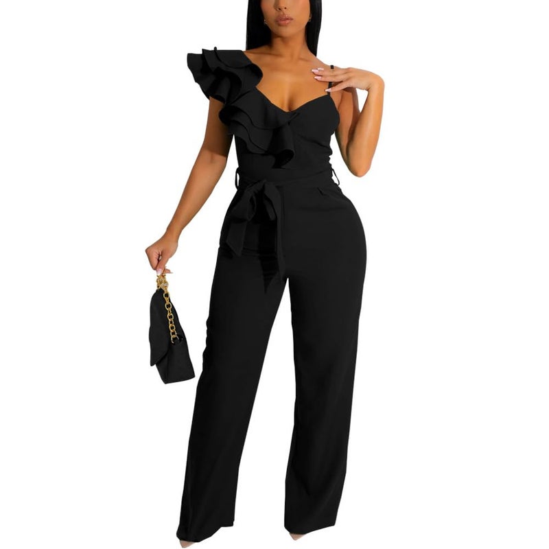 HBQ Womens Casual One Piece Jumpsuits V-Neck Sleeveless Ruffle Backless Belted Elegant Romper Wide Leg Pant Sexy Party Clubwear Overalls-Black-M - Image 1