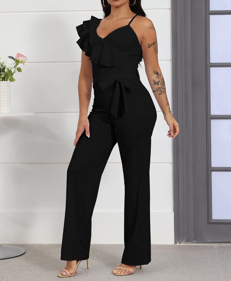 HBQ Womens Casual One Piece Jumpsuits V-Neck Sleeveless Ruffle Backless Belted Elegant Romper Wide Leg Pant Sexy Party Clubwear Overalls-Black-M - Image 2