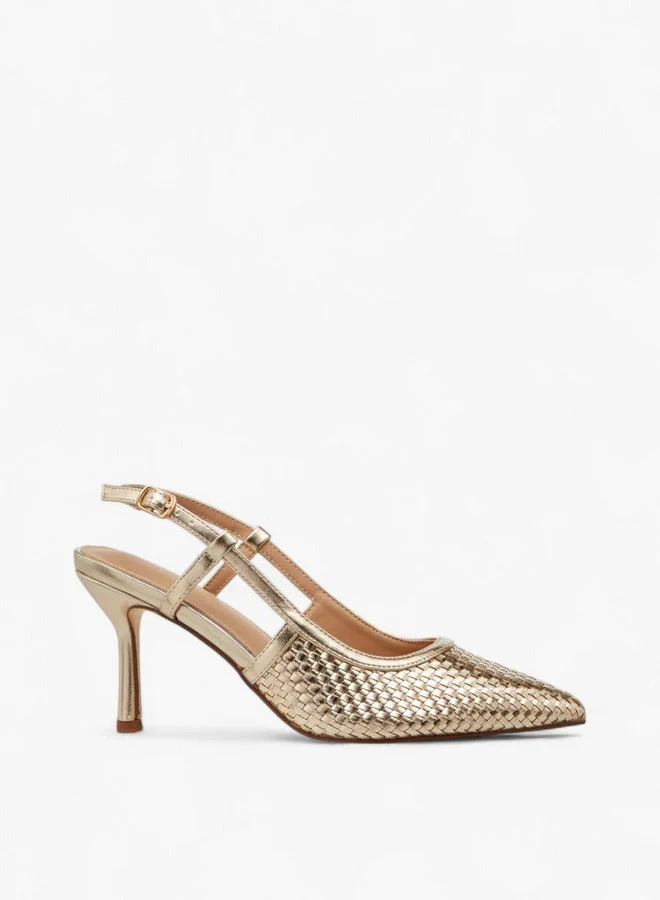 Textured Pointed Toe Shoes with Flared Heel and Buckle Closure