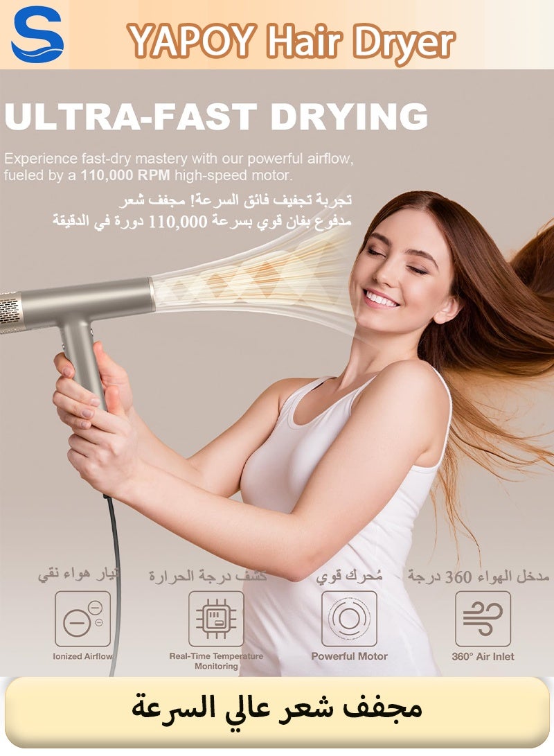 YAPOY Professional High-Speed Hair Dryer 110,000 RPM – Ionic Blow Dryer with Diffuser, Fast Drying & No Heat Damage, Silver - Image 3